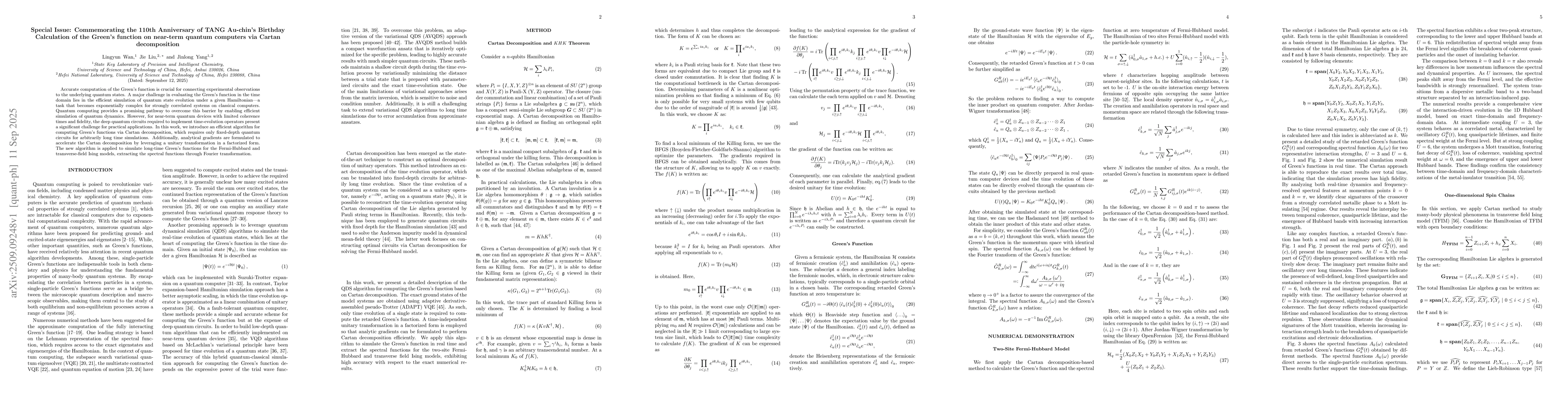 Thumbnail for Special Issue: Commemorating the 110th Anniversary of TANG Au-chin's
  Birthday Calculation of the Green's function on near-term quantum computers
  via Cartan decomposition