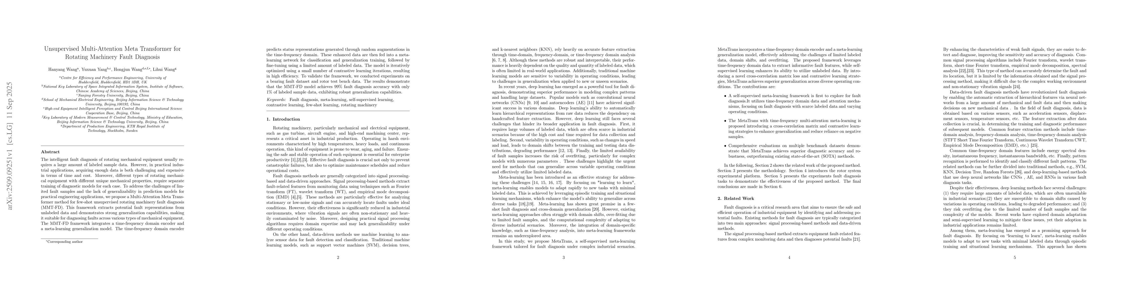 Thumbnail for Unsupervised Multi-Attention Meta Transformer for Rotating Machinery
  Fault Diagnosis