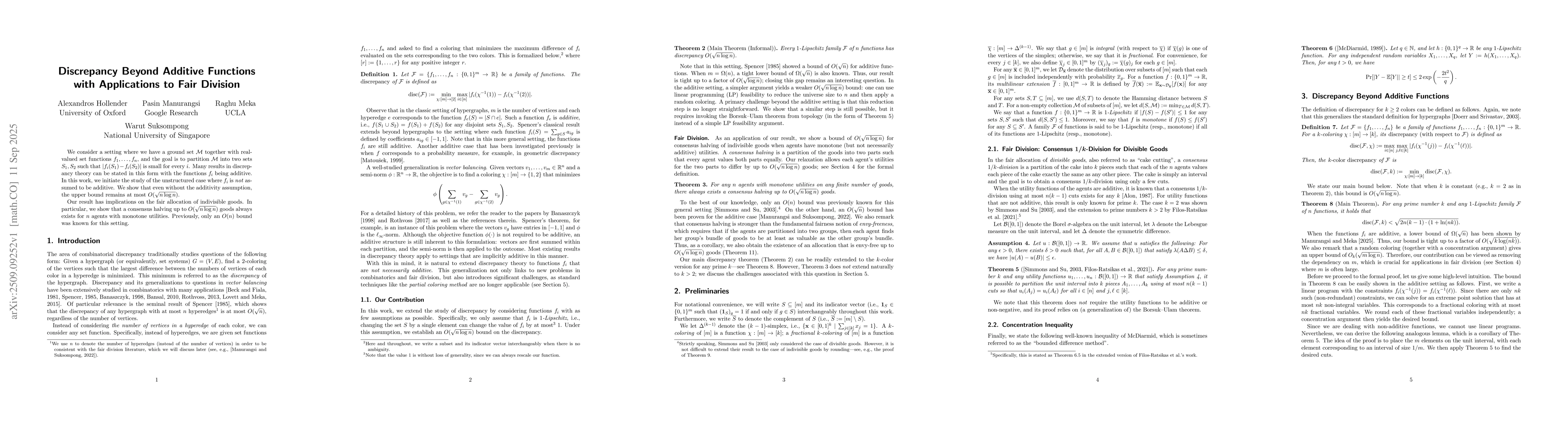Thumbnail for Discrepancy Beyond Additive Functions with Applications to Fair Division