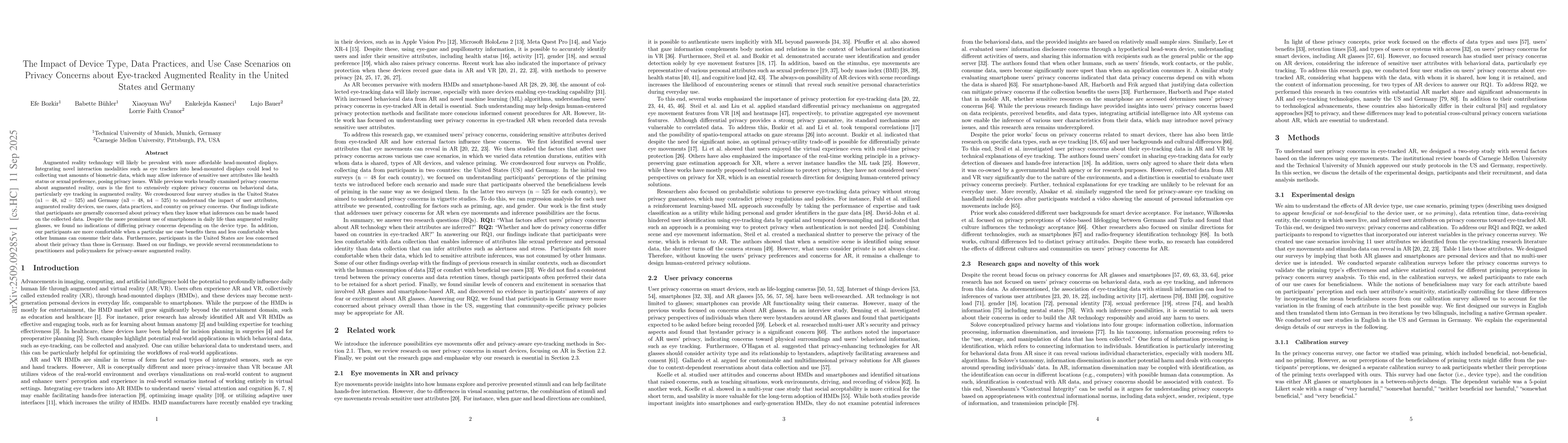 Thumbnail for The Impact of Device Type, Data Practices, and Use Case Scenarios on
  Privacy Concerns about Eye-tracked Augmented Reality in the United States and
  Germany