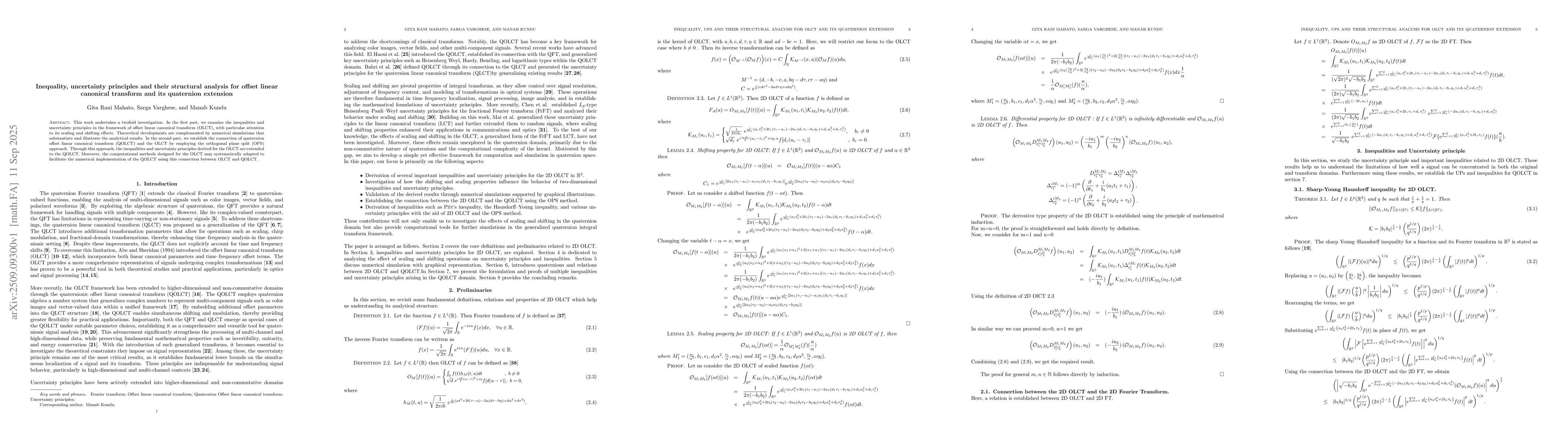 Thumbnail for Inequality, uncertainty principles and their structural analysis for
  offset linear canonical transform and its quaternion extension