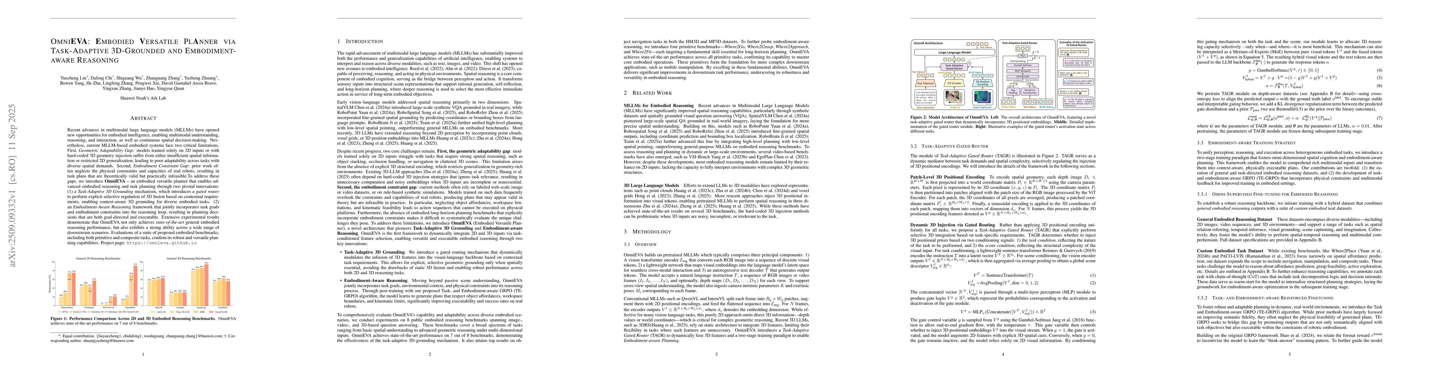 Thumbnail for OmniEVA: Embodied Versatile Planner via Task-Adaptive 3D-Grounded and
  Embodiment-aware Reasoning