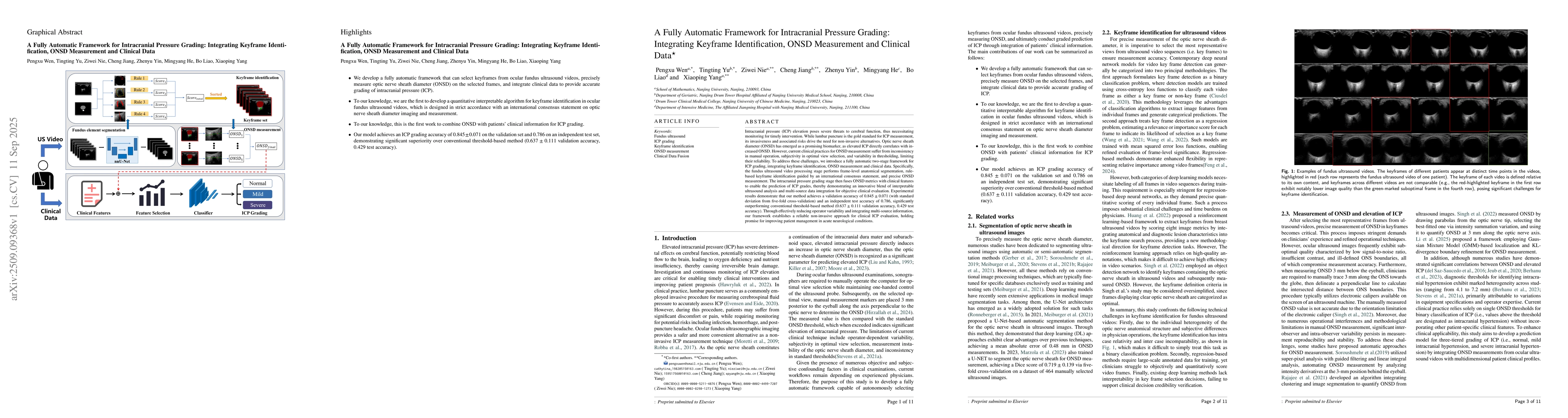 Thumbnail for A Fully Automatic Framework for Intracranial Pressure Grading:
  Integrating Keyframe Identification, ONSD Measurement and Clinical Data
