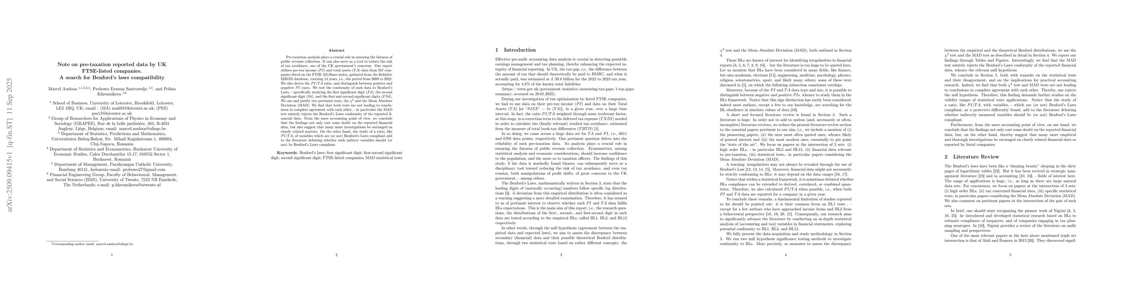 Thumbnail for Note on pre-taxation reported data by UK FTSE-listed companies. A search
  for Benford's laws compatibility