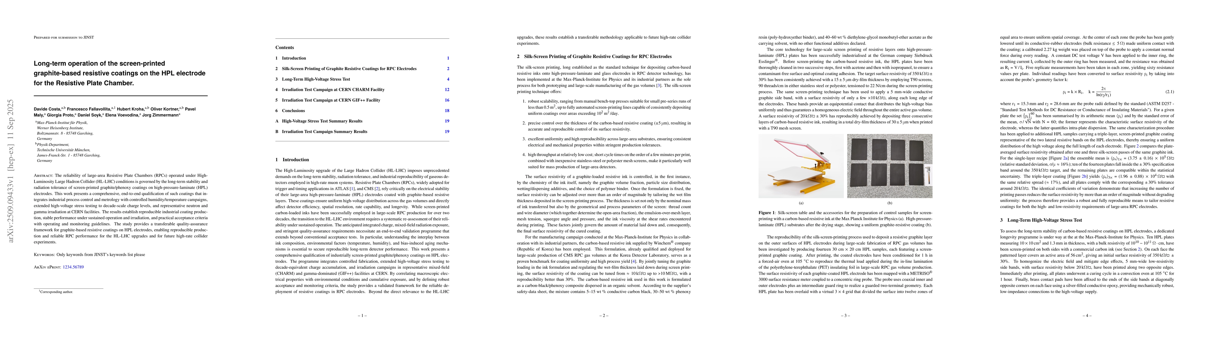 Thumbnail for Long-term operation of the screen-printed graphite-based resistive
  coatings on the HPL electrode for the Resistive Plate Chamber