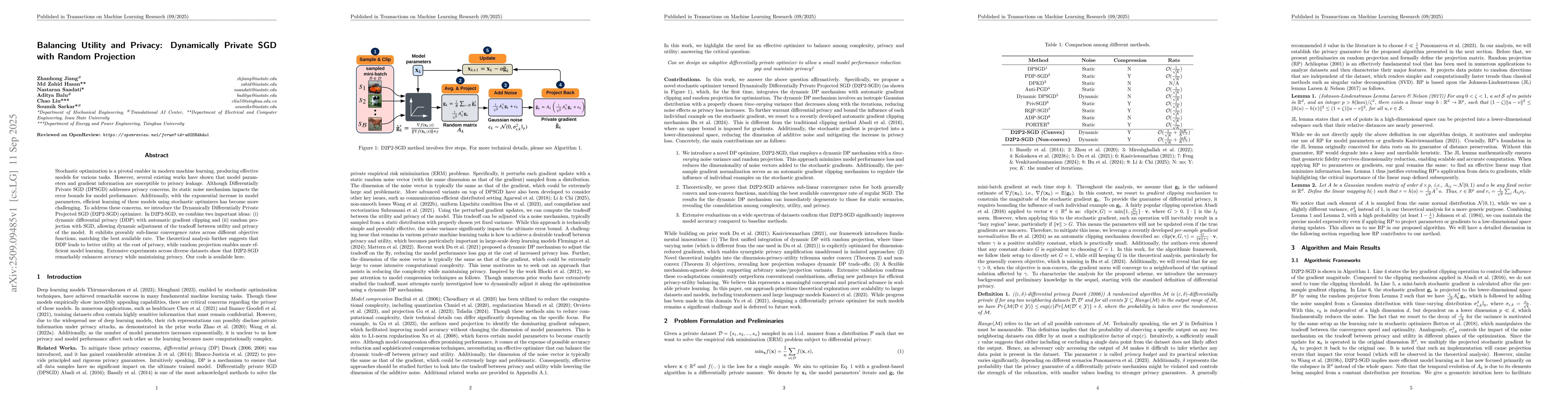 Thumbnail for Balancing Utility and Privacy: Dynamically Private SGD with Random
  Projection