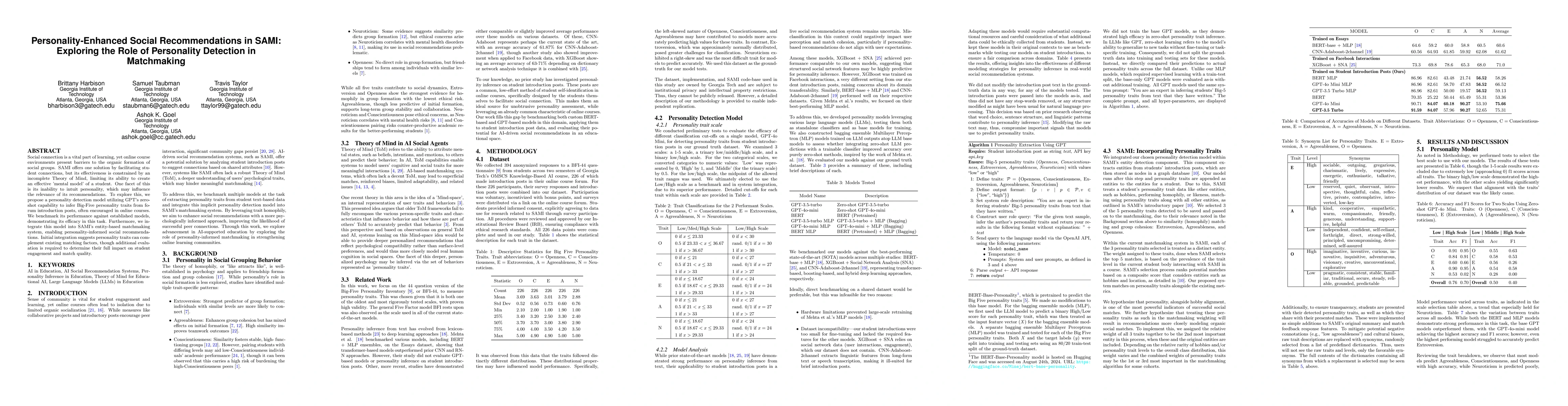 Thumbnail for Personality-Enhanced Social Recommendations in SAMI: Exploring the Role
  of Personality Detection in Matchmaking
