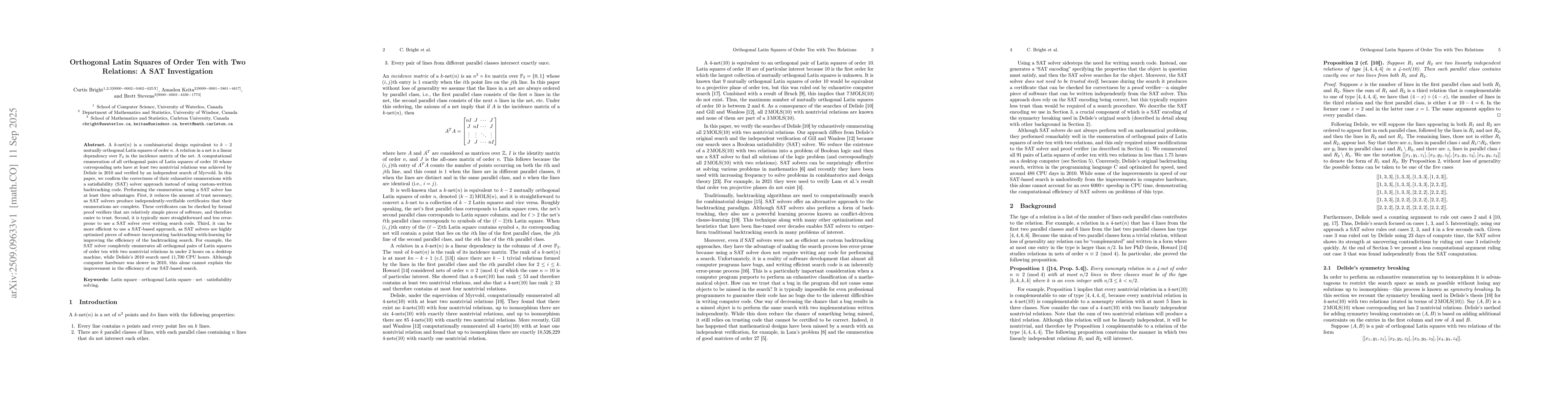 Thumbnail for Orthogonal Latin Squares of Order Ten with Two Relations: A SAT
  Investigation