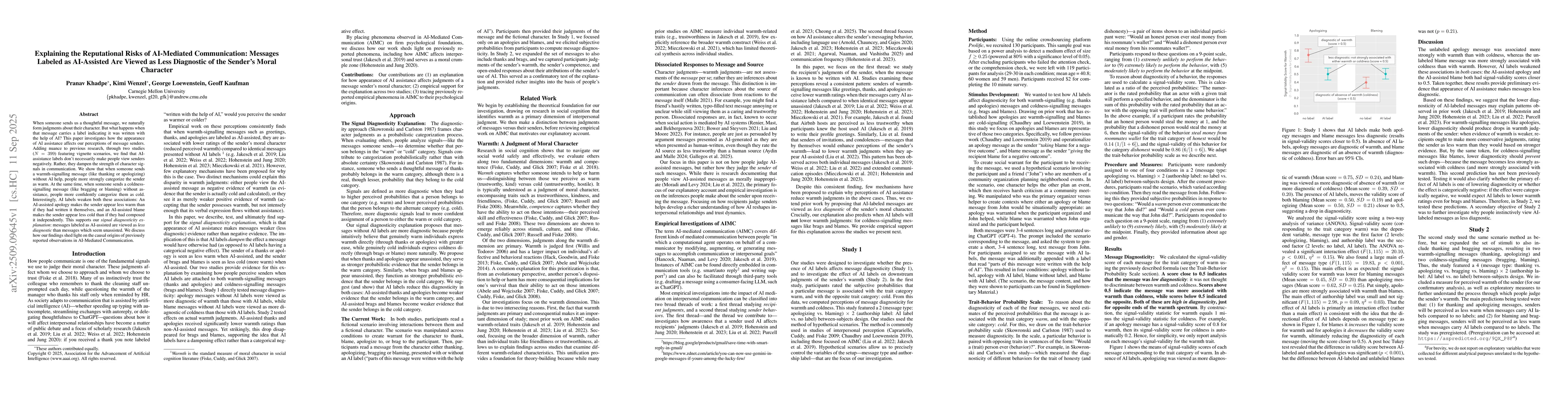 Thumbnail for Explaining the Reputational Risks of AI-Mediated Communication: Messages
  Labeled as AI-Assisted Are Viewed as Less Diagnostic of the Sender's Moral
  Character
