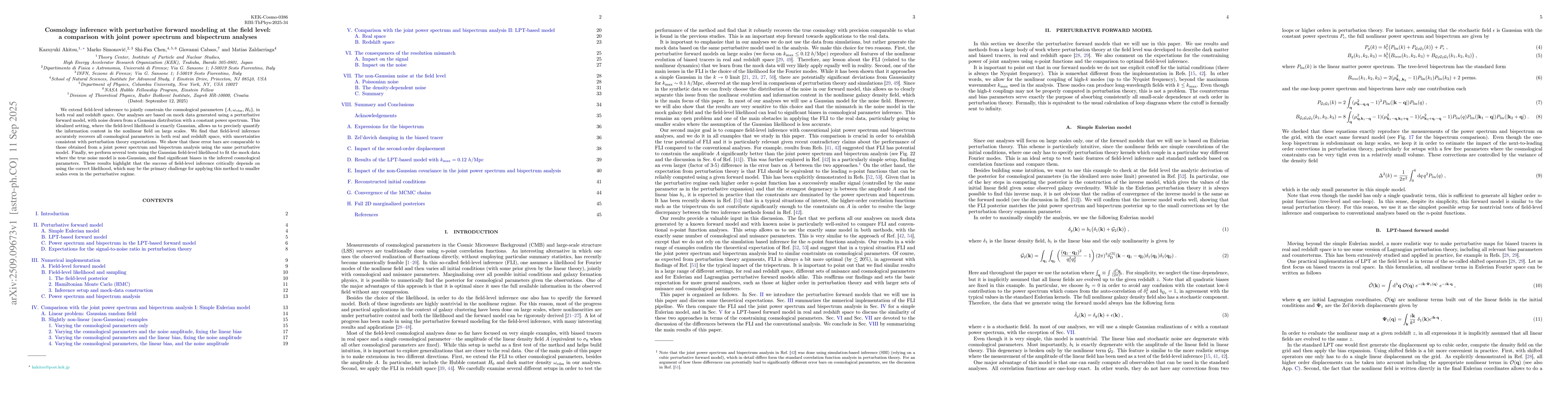 Thumbnail for Cosmology inference with perturbative forward modeling at the field
  level: a comparison with joint power spectrum and bispectrum analyses