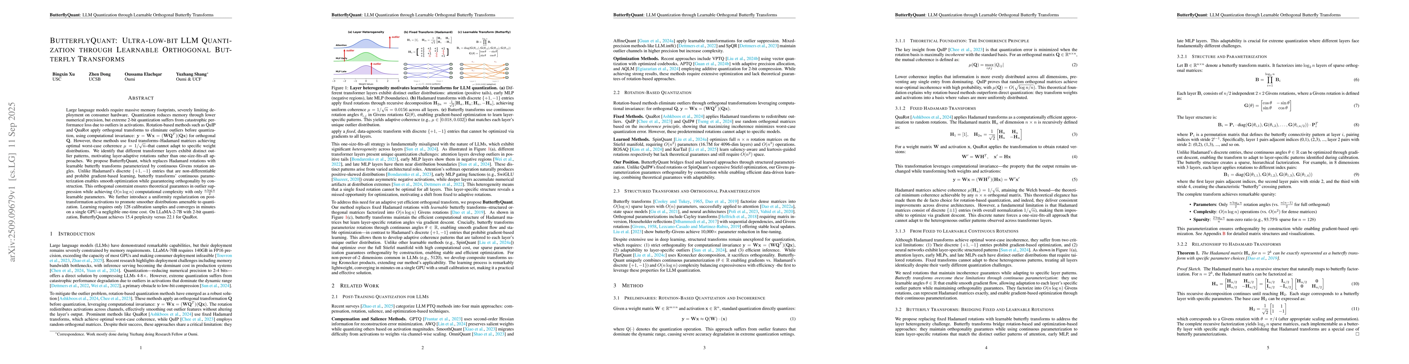 Thumbnail for ButterflyQuant: Ultra-low-bit LLM Quantization through Learnable
  Orthogonal Butterfly Transforms