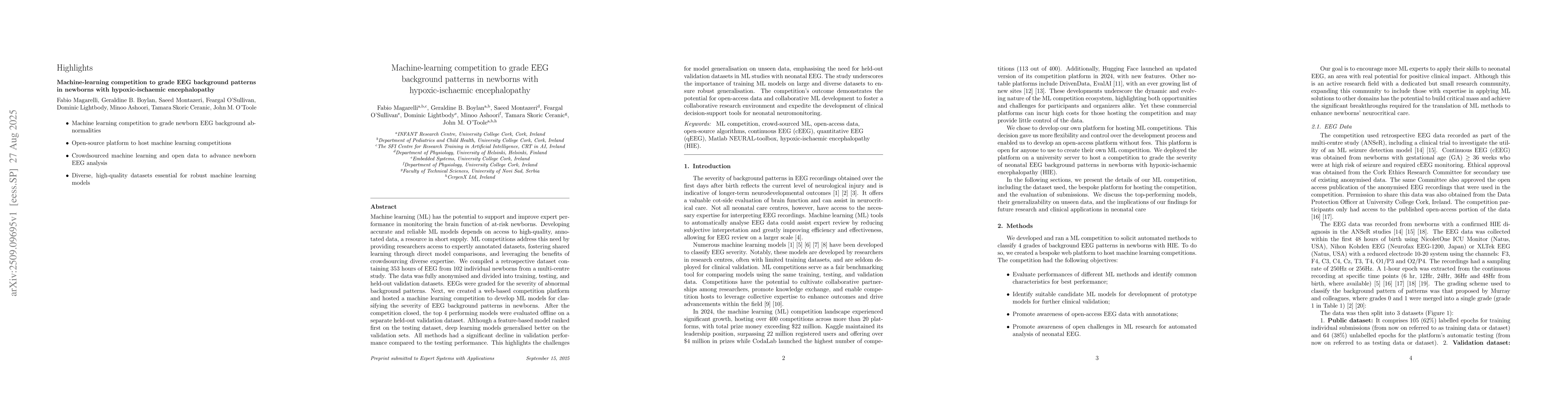 Thumbnail for Machine-learning competition to grade EEG background patterns in
  newborns with hypoxic-ischaemic encephalopathy