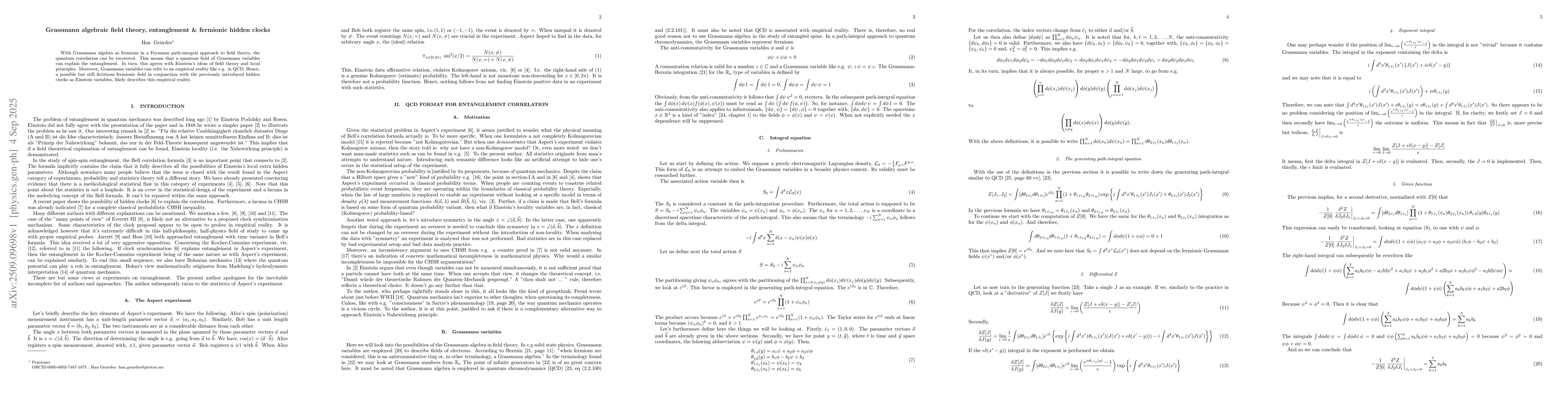Thumbnail for Grassmann algebraic field theory, entanglement and fermionic hidden
  clocks