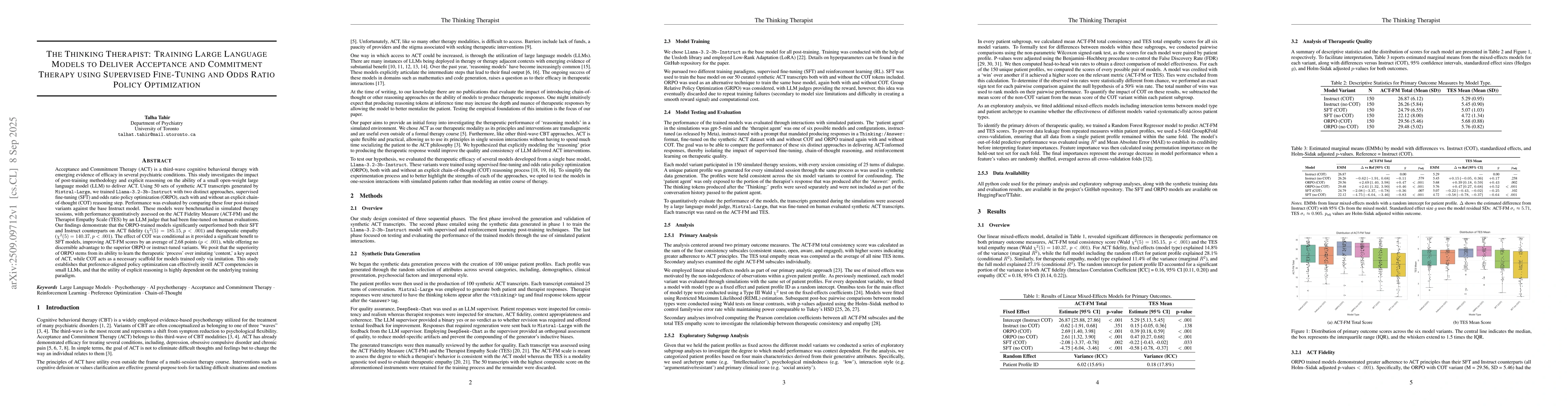 Thumbnail for The Thinking Therapist: Training Large Language Models to Deliver
  Acceptance and Commitment Therapy using Supervised Fine-Tuning and Odds Ratio
  Policy Optimization
