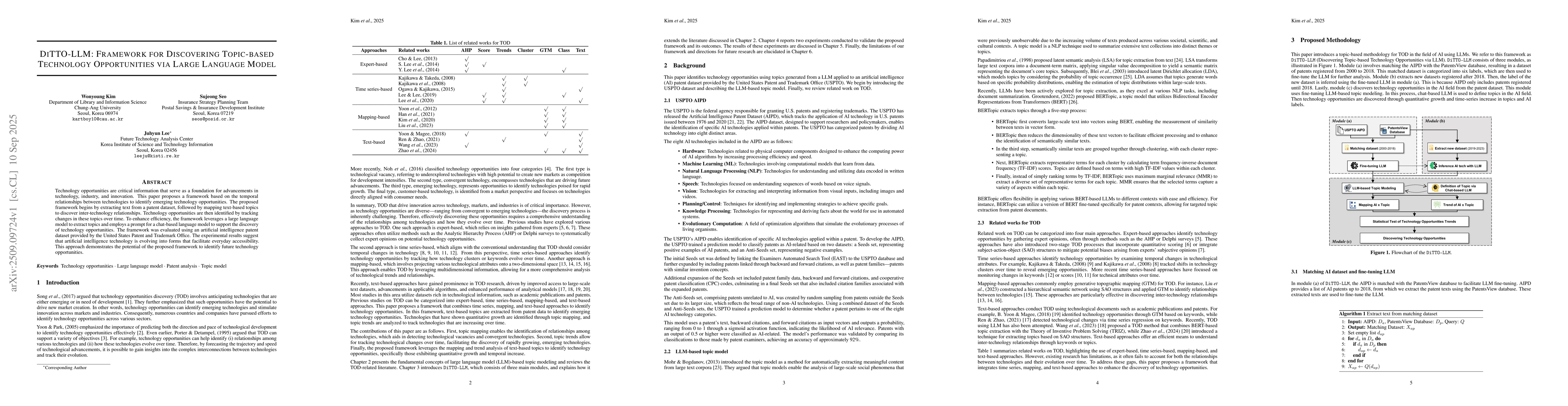 Thumbnail for DiTTO-LLM: Framework for Discovering Topic-based Technology
  Opportunities via Large Language Model