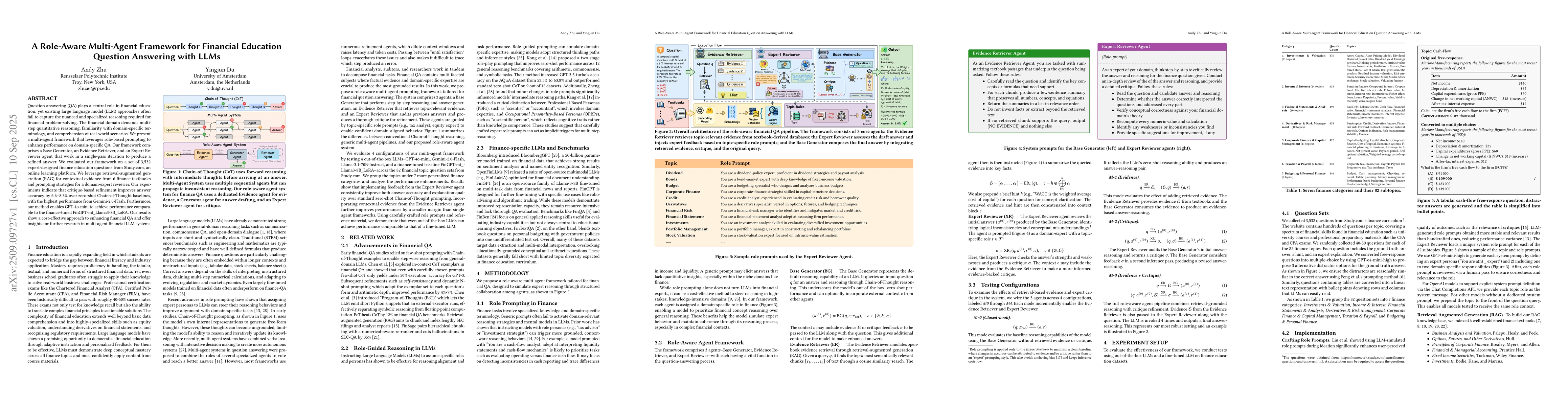 Thumbnail for A Role-Aware Multi-Agent Framework for Financial Education Question
  Answering with LLMs