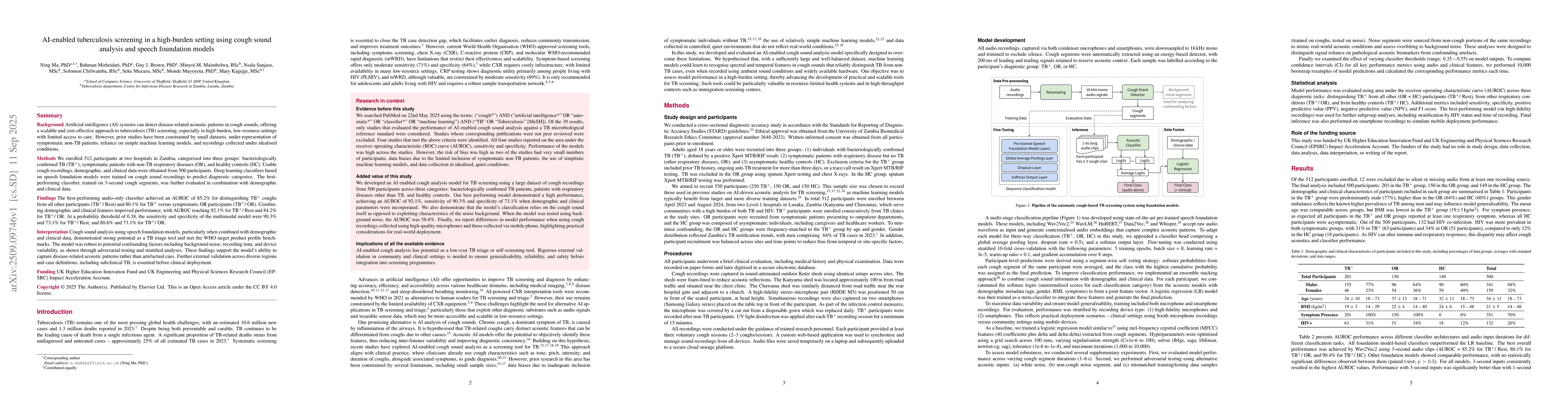 Thumbnail for AI-enabled tuberculosis screening in a high-burden setting using cough
  sound analysis and speech foundation models
