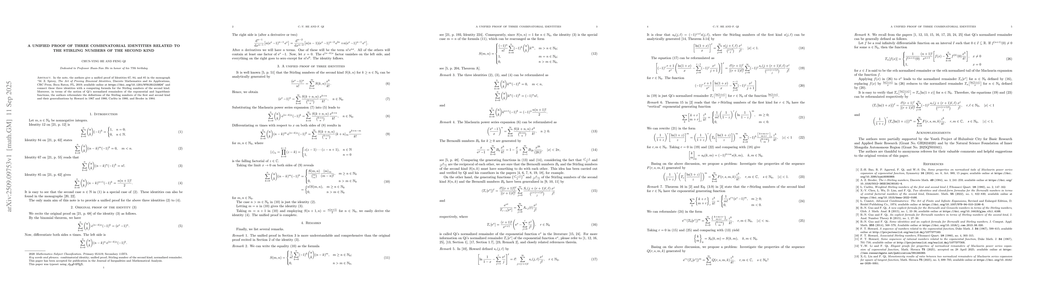 Thumbnail for A Unified Proof of Three Combinatorial Identities Related to the
  Stirling Numbers of the Second Kind