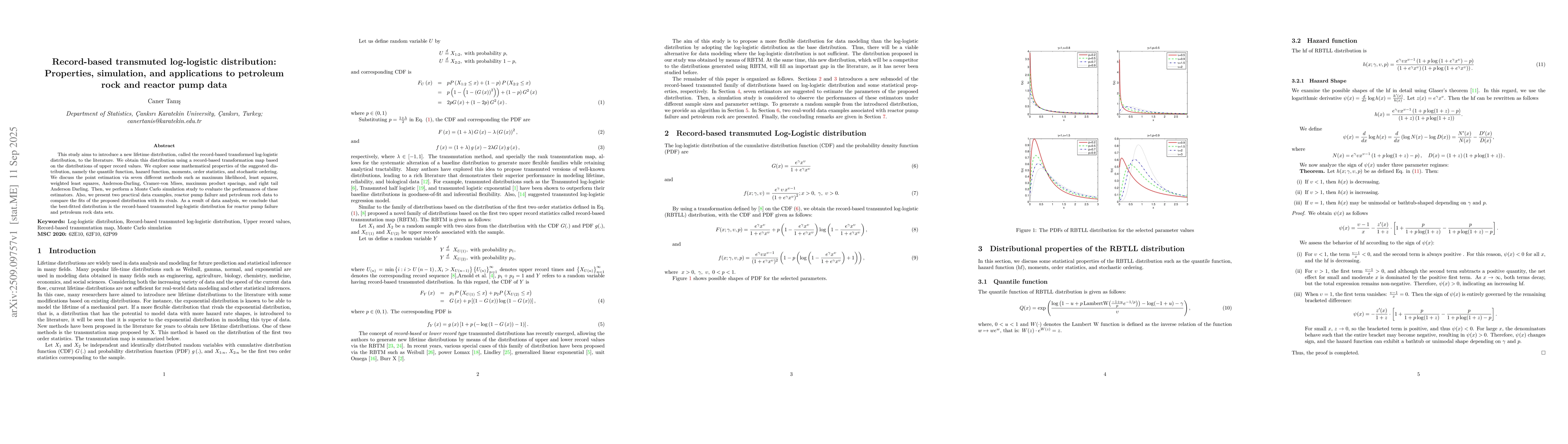 Thumbnail for Record-based transmuted log-logistic distribution: Properties,
  simulation, and applications to petroleum rock and reactor pump data