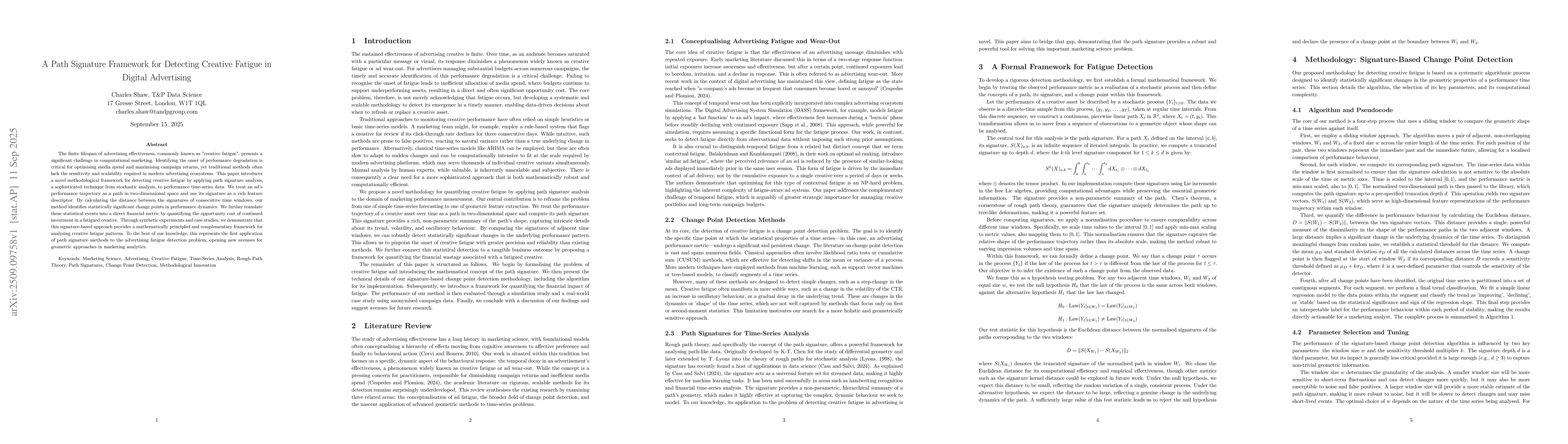 Thumbnail for A Path Signature Framework for Detecting Creative Fatigue in Digital
  Advertising