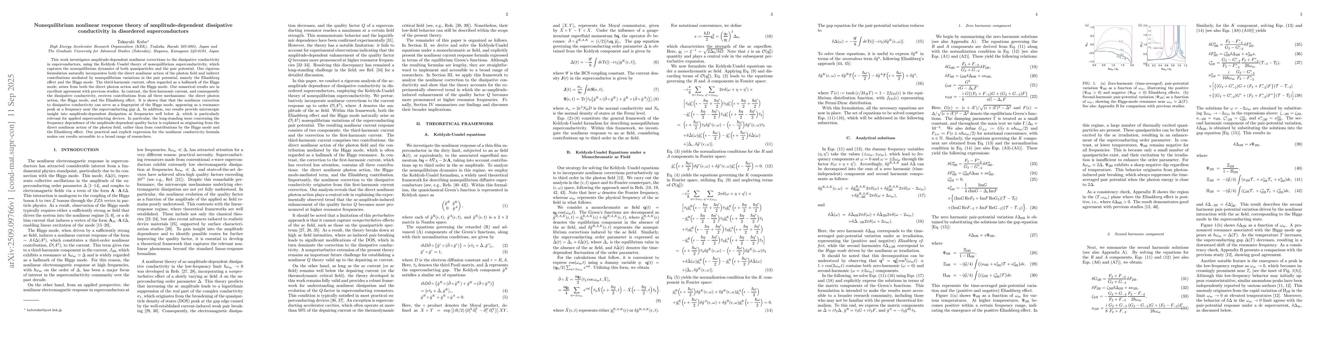 Thumbnail for Nonequilibrium nonlinear response theory of amplitude-dependent
  dissipative conductivity in disordered superconductors