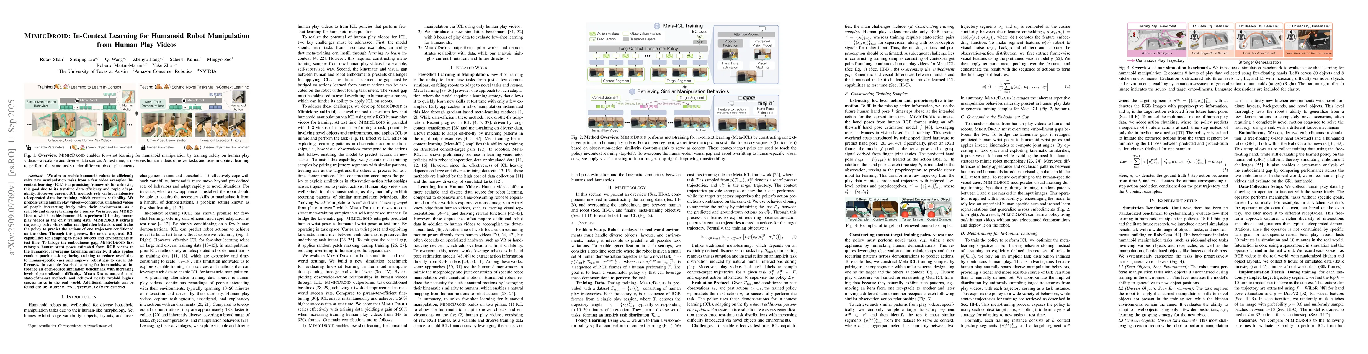 Thumbnail for MimicDroid: In-Context Learning for Humanoid Robot Manipulation from
  Human Play Videos