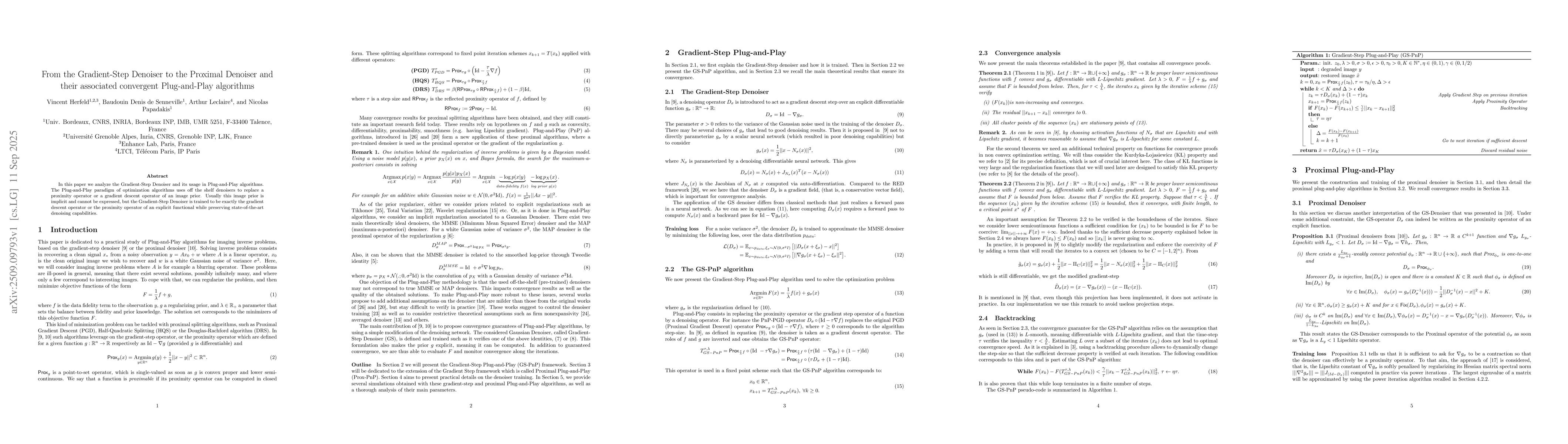 Thumbnail for From the Gradient-Step Denoiser to the Proximal Denoiser and their
  associated convergent Plug-and-Play algorithms