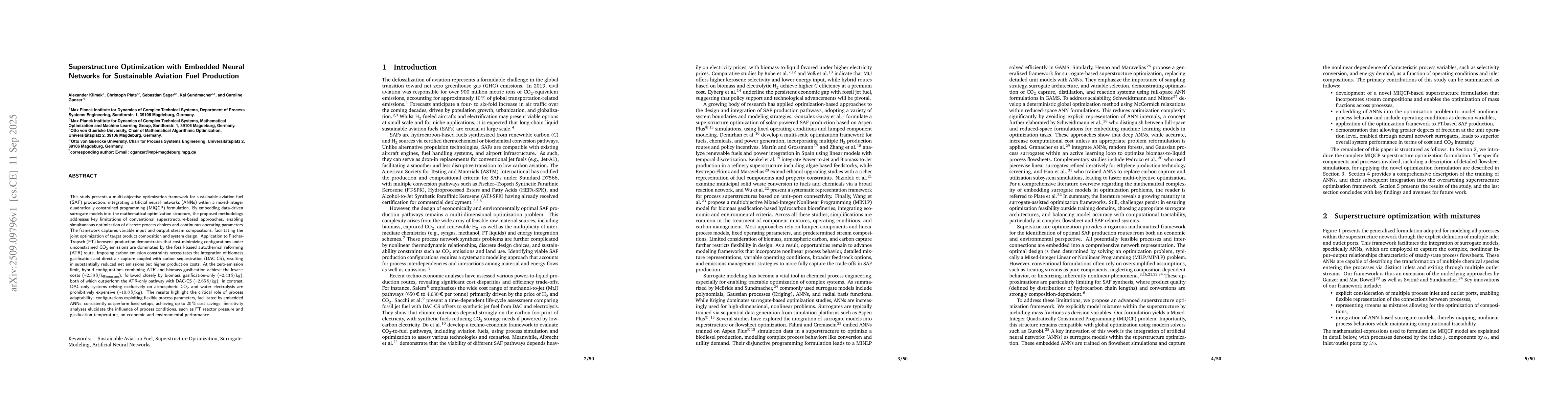 Thumbnail for Superstructure Optimization with Embedded Neural Networks for
  Sustainable Aviation Fuel Production