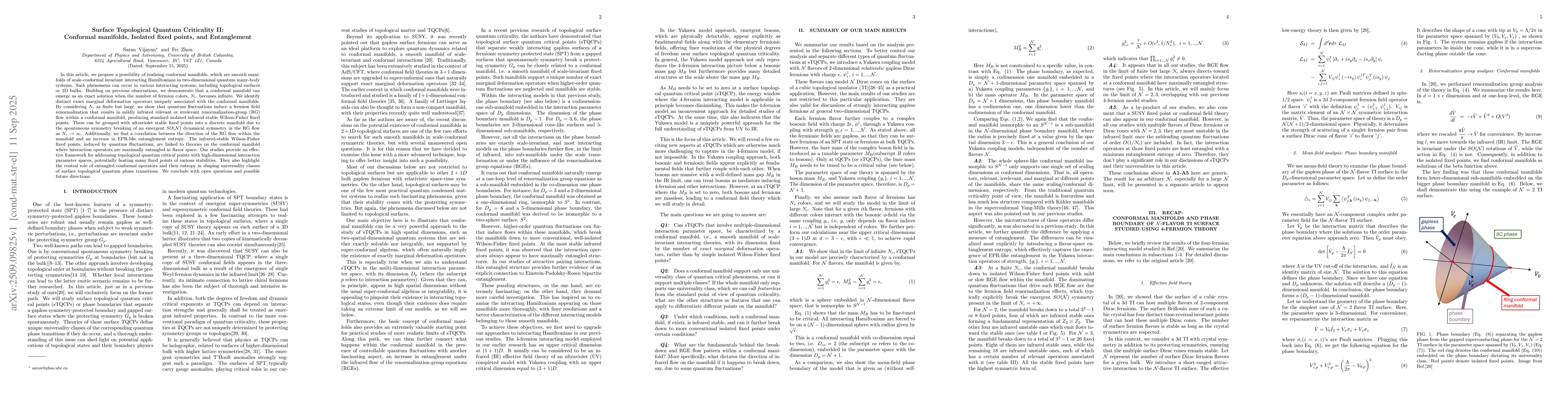 Thumbnail for Surface Topological Quantum Criticality II: Conformal manifolds,
  Isolated fixed points and Entanglement
