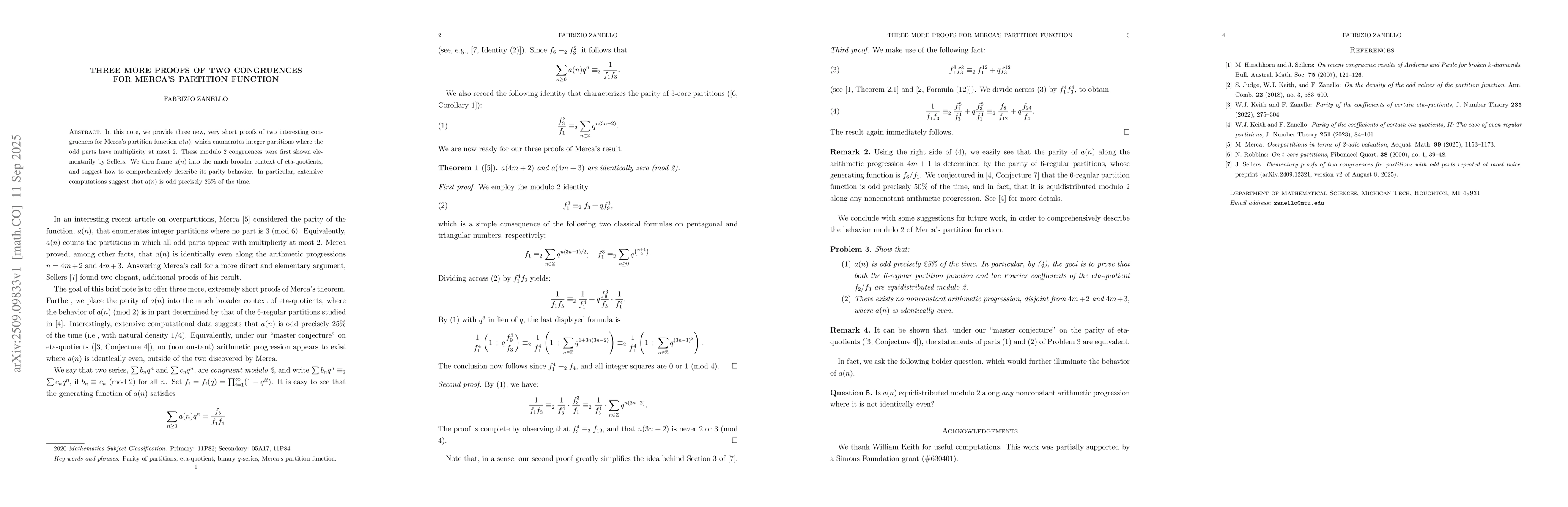 Thumbnail for Three more proofs of two congruences for Merca's partition function