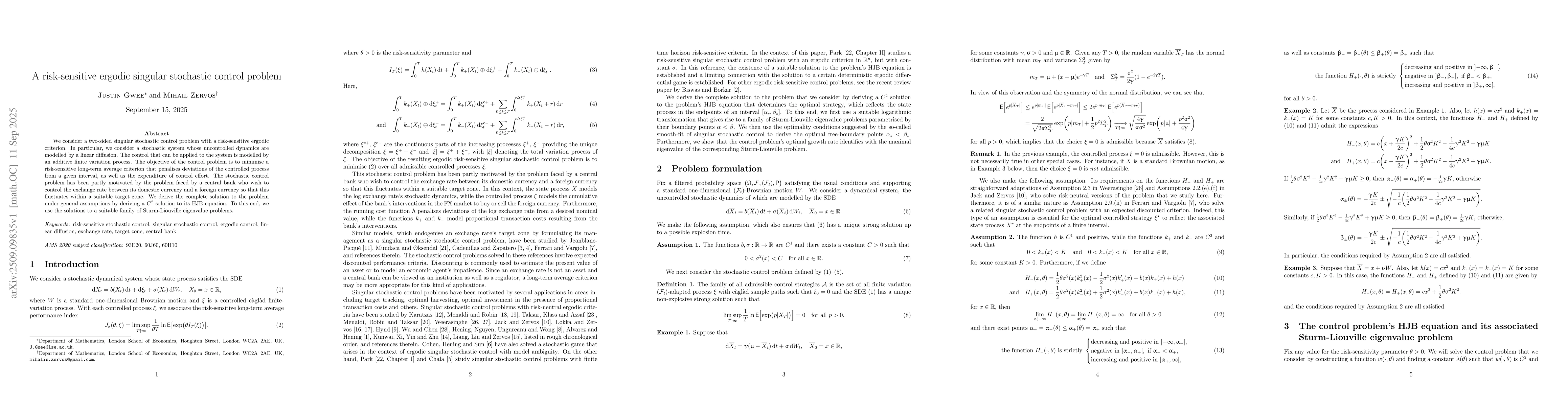 Thumbnail for A risk-sensitive ergodic singular stochastic control problem