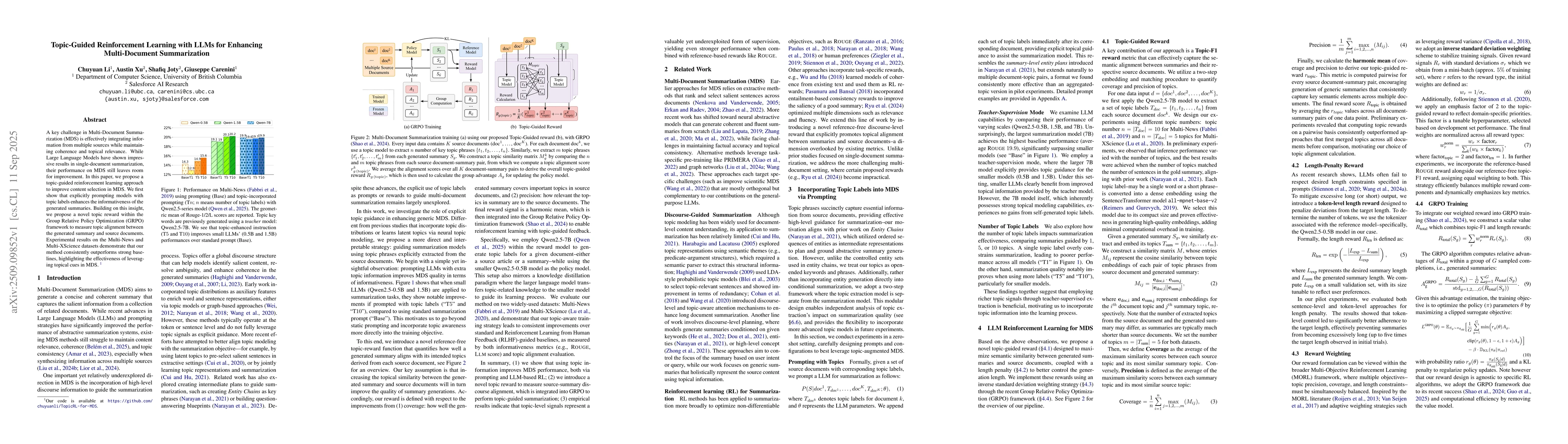 Thumbnail for Topic-Guided Reinforcement Learning with LLMs for Enhancing
  Multi-Document Summarization