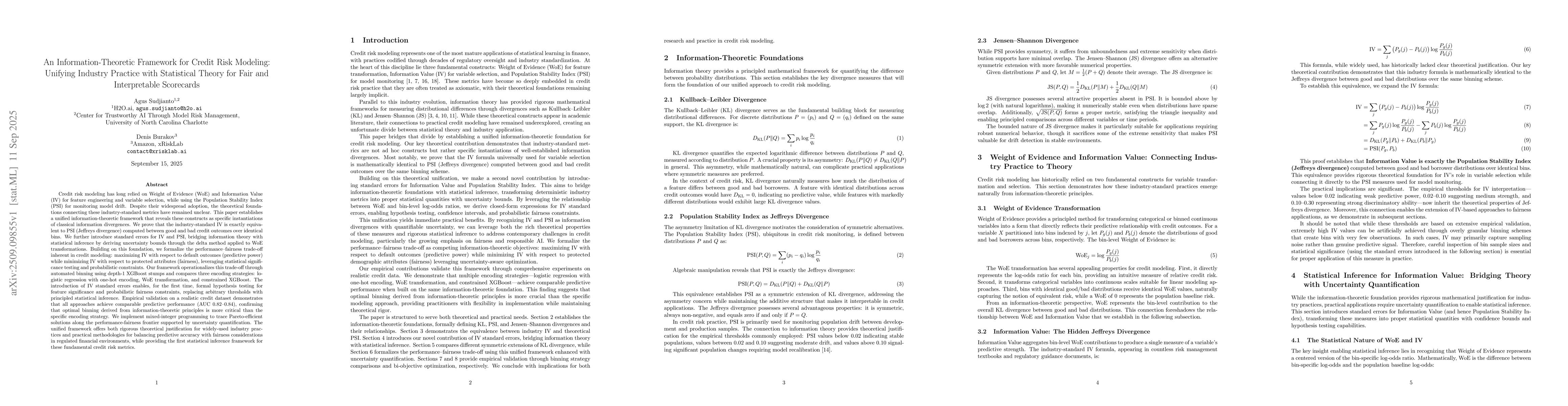 Thumbnail for An Information-Theoretic Framework for Credit Risk Modeling: Unifying
  Industry Practice with Statistical Theory for Fair and Interpretable
  Scorecards