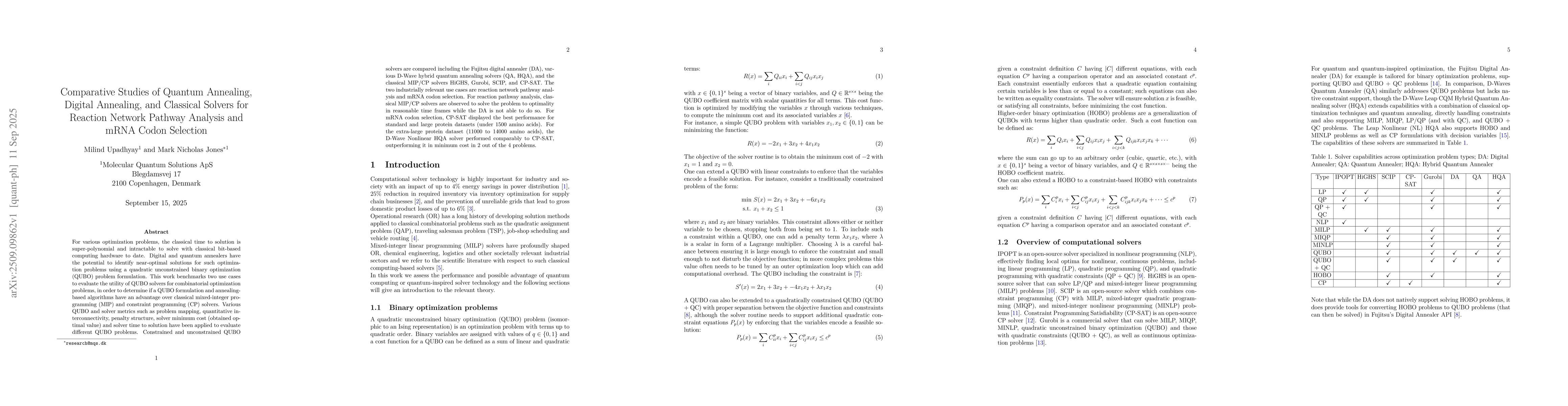 Thumbnail for Comparative Studies of Quantum Annealing, Digital Annealing, and
  Classical Solvers for Reaction Network Pathway Analysis and mRNA Codon
  Selection