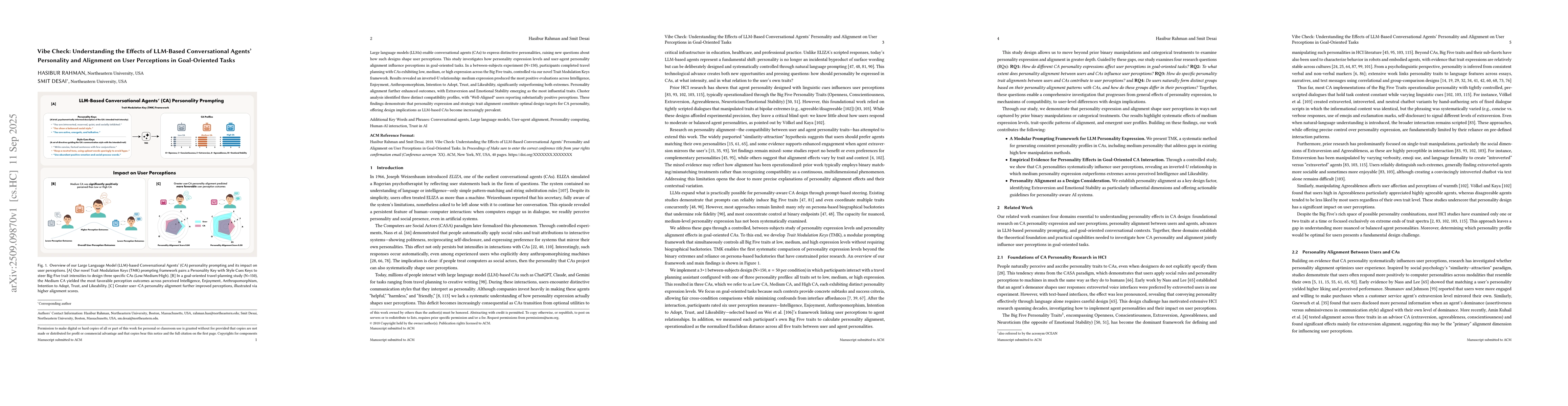 Thumbnail for Vibe Check: Understanding the Effects of LLM-Based Conversational
  Agents' Personality and Alignment on User Perceptions in Goal-Oriented Tasks