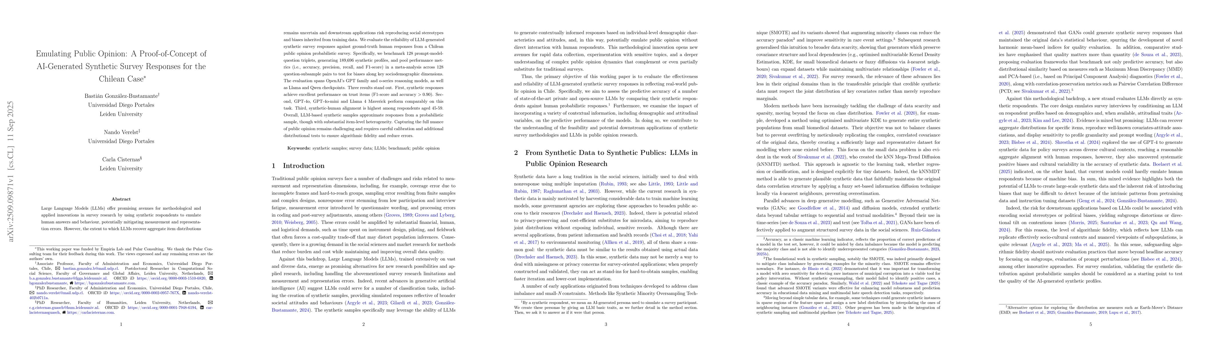 Thumbnail for Emulating Public Opinion: A Proof-of-Concept of AI-Generated Synthetic
  Survey Responses for the Chilean Case