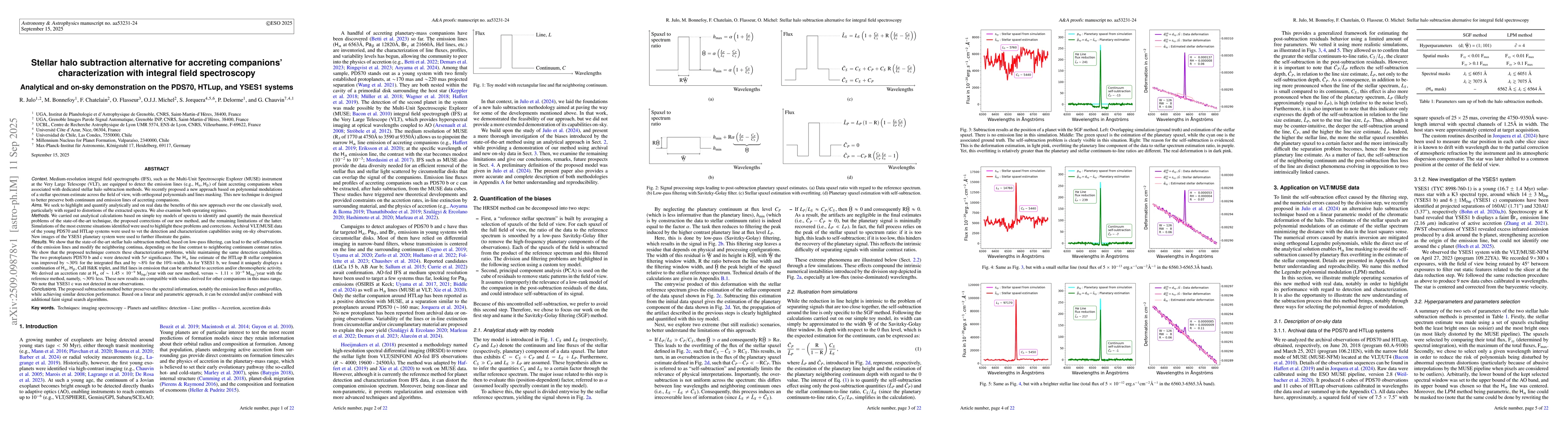 Thumbnail for Stellar halo subtraction alternative for accreting companions'
  characterization with integral field spectroscopy: Analytical and on-sky
  demonstration on the PDS70, HTLup, and YSES1 systems