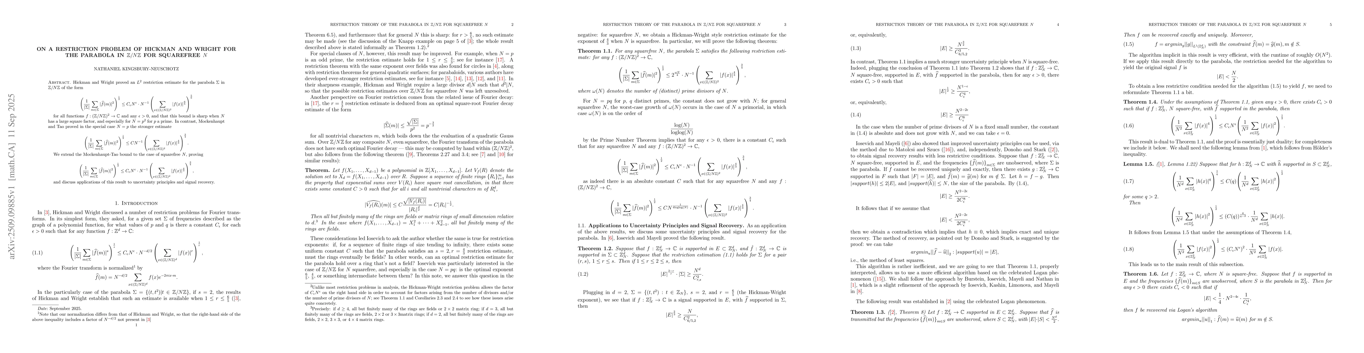 Thumbnail for On a Restriction Problem of Hickman and Wright for the Parabola in
  $\mathbb{Z}/N\mathbb{Z}$ for Squarefree $N$