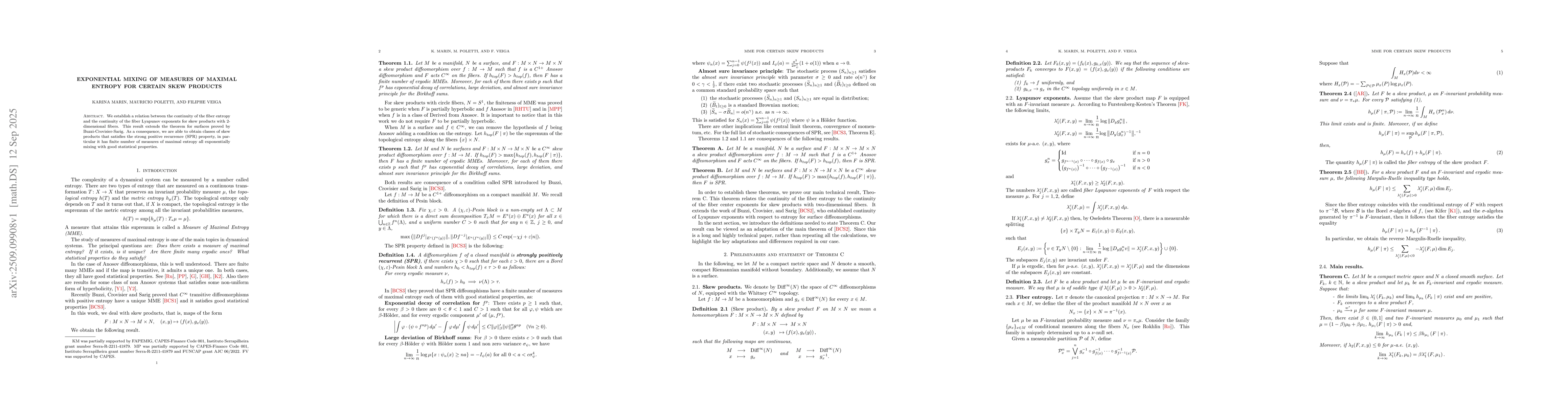 Thumbnail for Exponential mixing of measures of maximal entropy for certain skew
  products