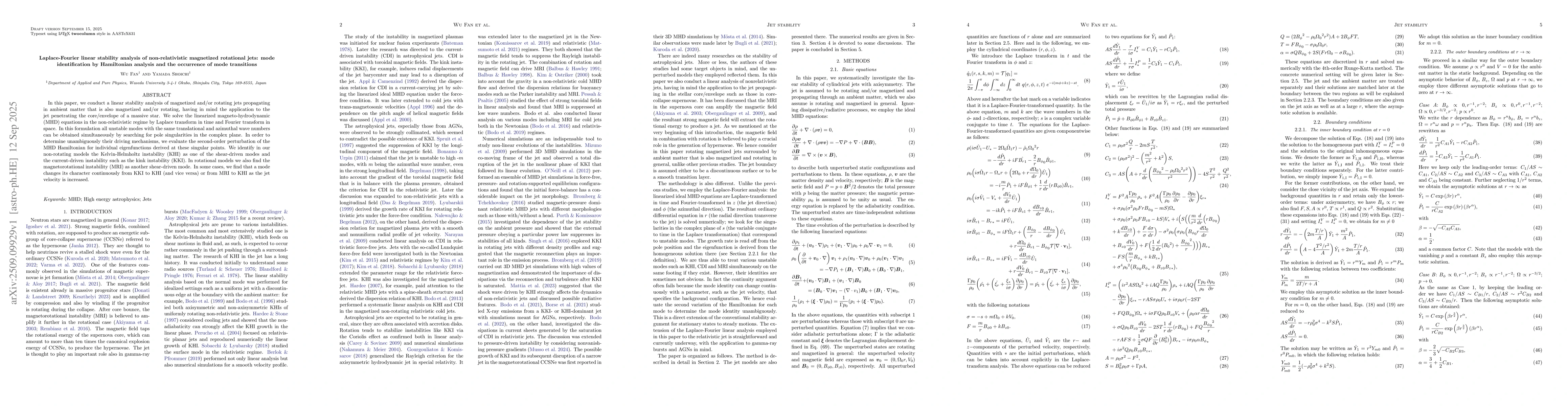 Thumbnail for Laplace-Fourier linear stability analysis of non-relativistic magnetized
  rotational jets: mode identification by Hamiltonian analysis and the
  occurrence of mode transitions