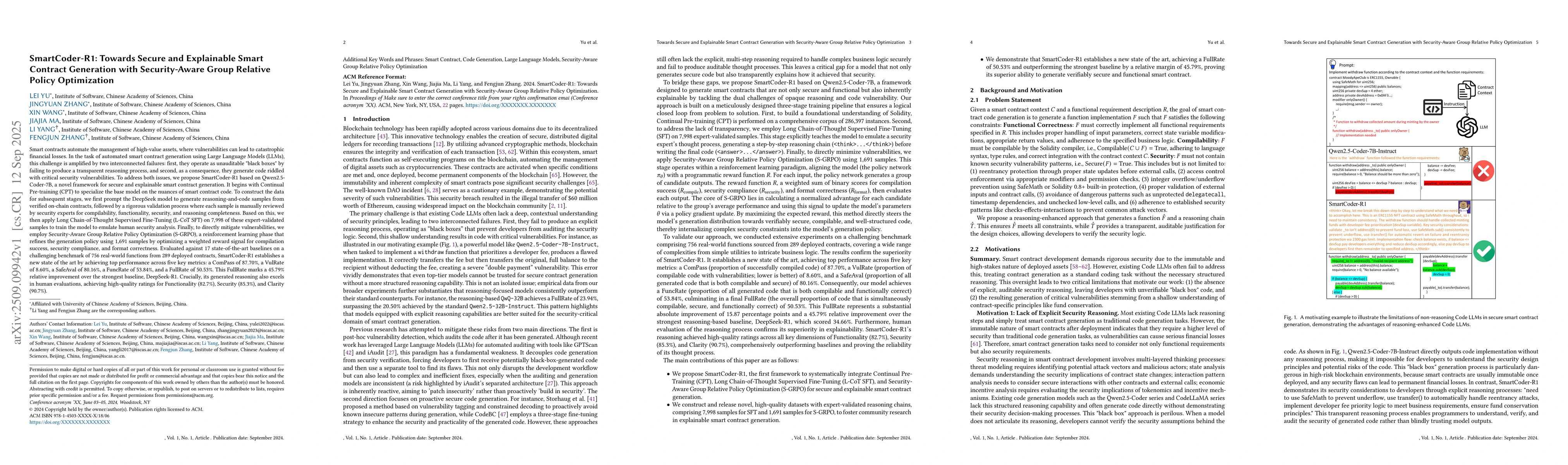 Thumbnail for SmartCoder-R1: Towards Secure and Explainable Smart Contract Generation
  with Security-Aware Group Relative Policy Optimization