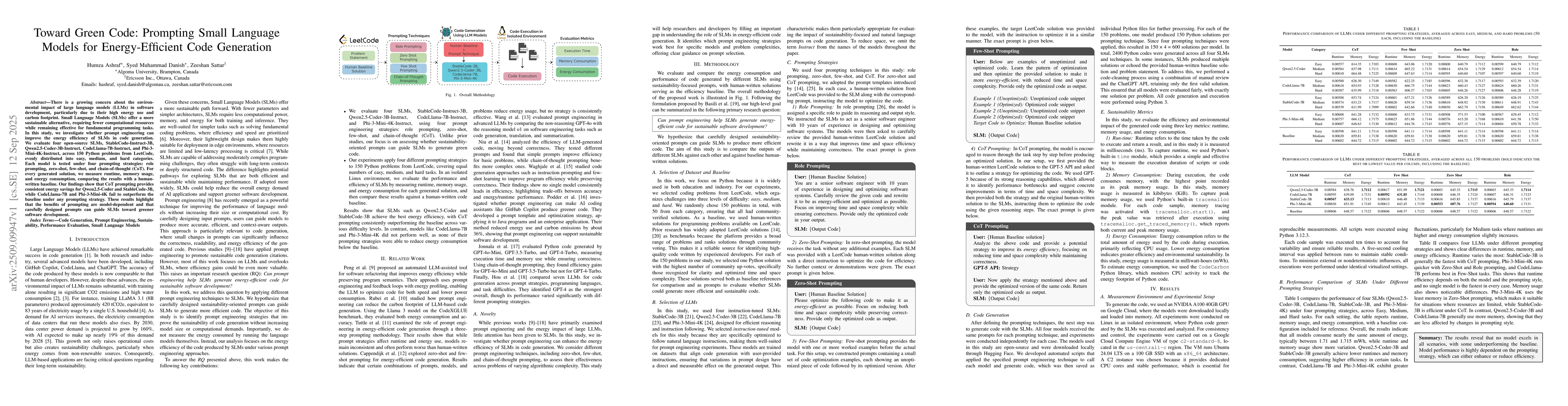 Thumbnail for Toward Green Code: Prompting Small Language Models for Energy-Efficient
  Code Generation