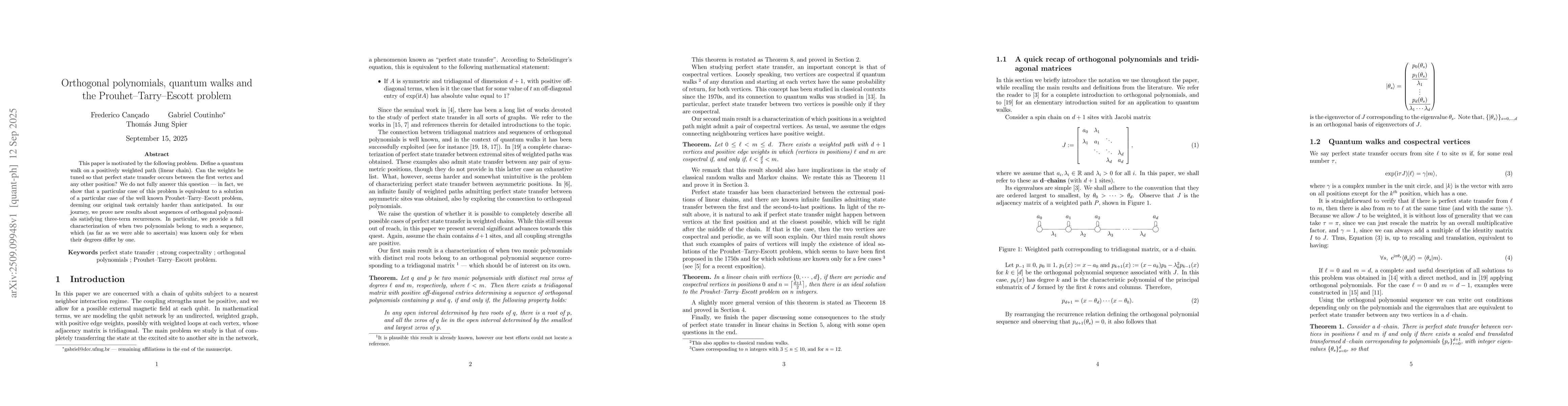 Thumbnail for Orthogonal polynomials, quantum walks and the Prouhet-Tarry-Escott
  problem