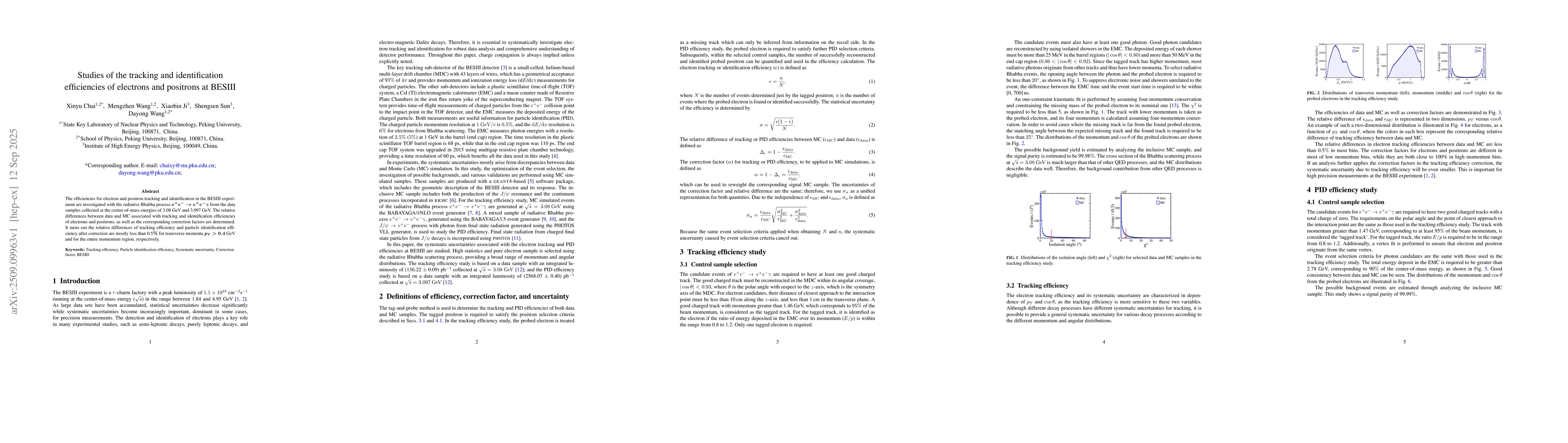 Thumbnail for Studies of the tracking and identification efficiencies of electrons and
  positrons at BESIII