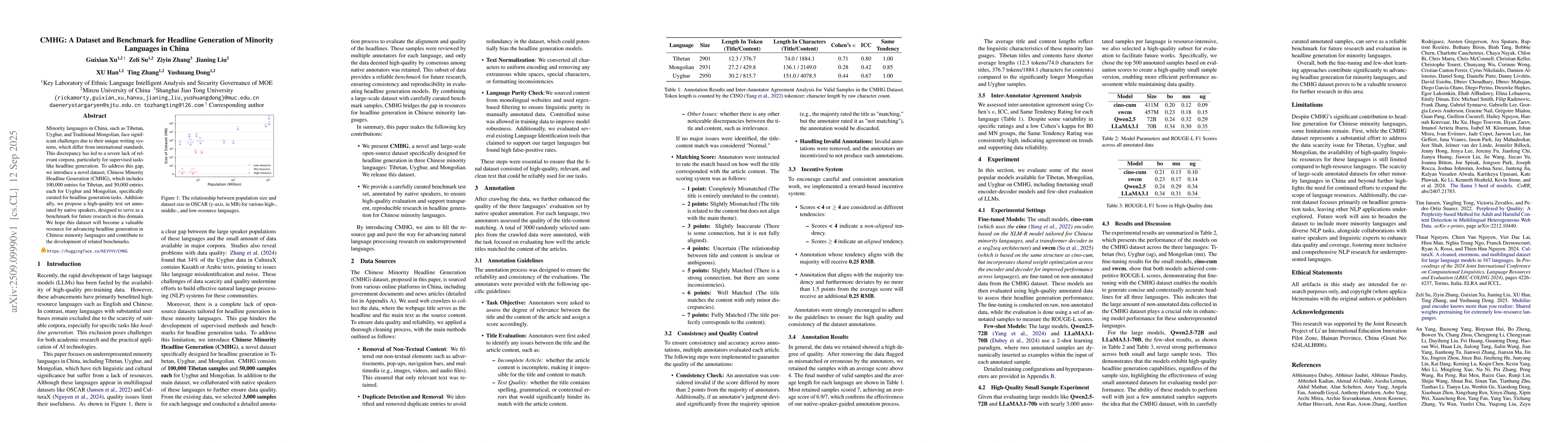 Thumbnail for CMHG: A Dataset and Benchmark for Headline Generation of Minority
  Languages in China