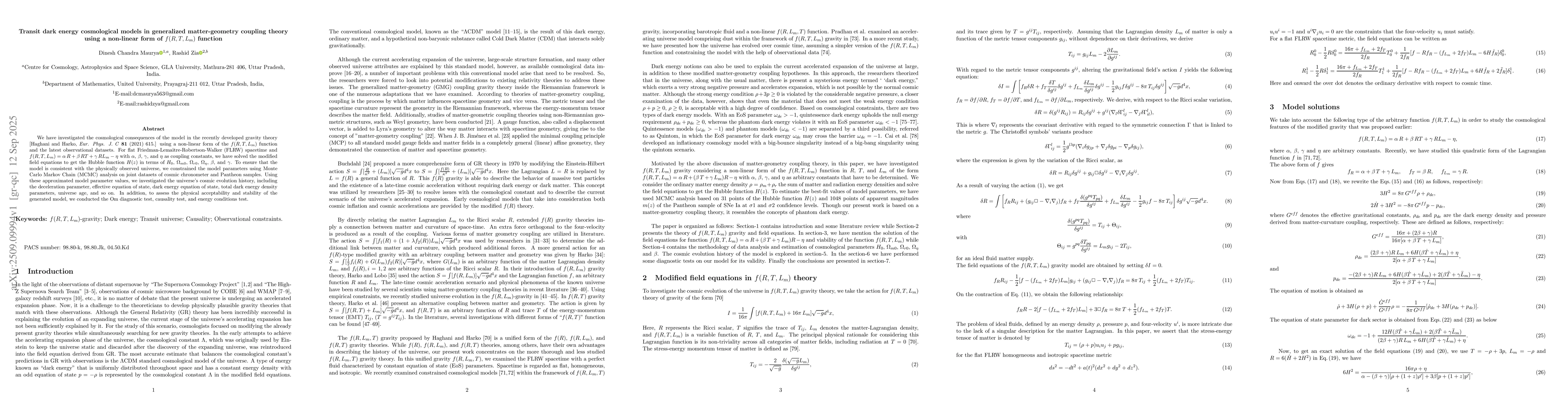 Thumbnail for Transit dark energy cosmological models in generalized matter-geometry
  coupling theory using a non-linear form of $f(R,T,L_{m})$ function