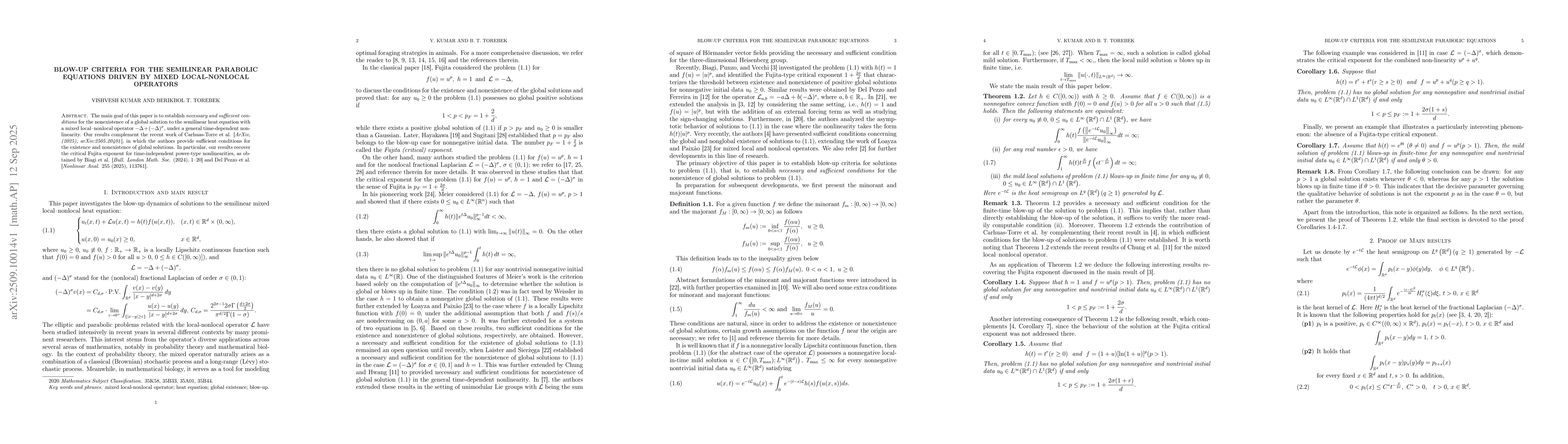 Thumbnail for Blow-up criteria for the semilinear parabolic equations driven by mixed
  local-nonlocal operators