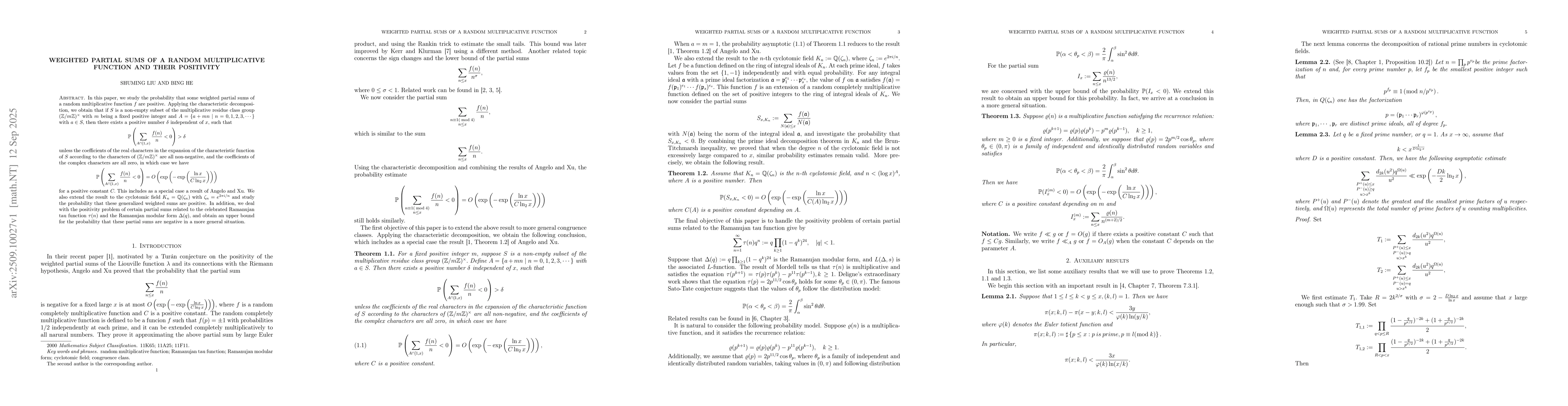 Thumbnail for Weighted partial sums of a random multiplicative function and their
  positivity