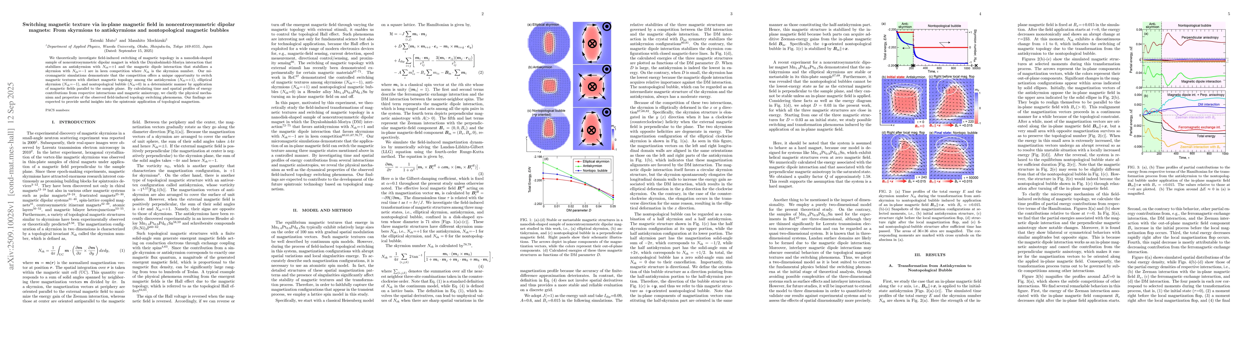 Thumbnail for Switching magnetic texture via in-plane magnetic field in
  noncentrosymmetric dipolar magnets: From skyrmions to antiskyrmions and
  nontopological magnetic bubbles