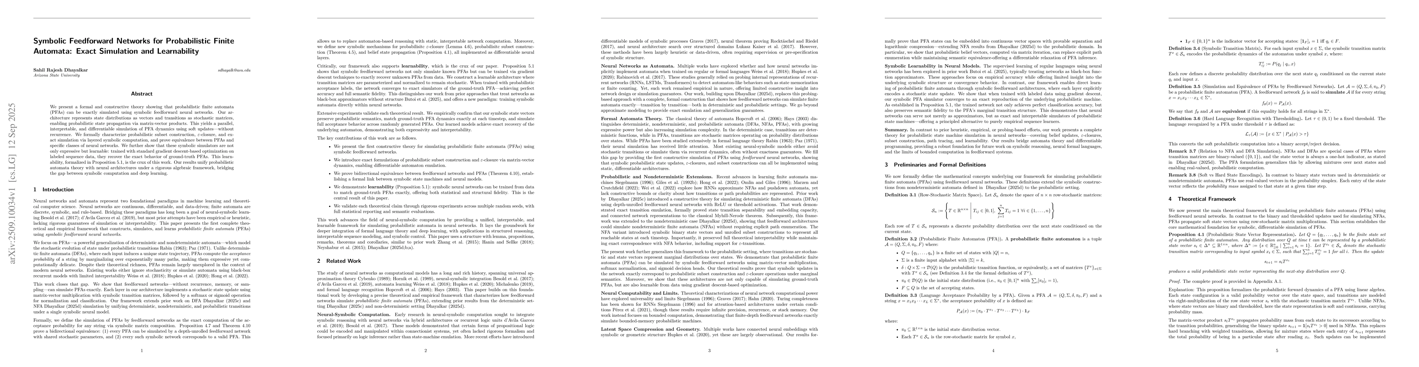 Thumbnail for Symbolic Feedforward Networks for Probabilistic Finite Automata: Exact
  Simulation and Learnability